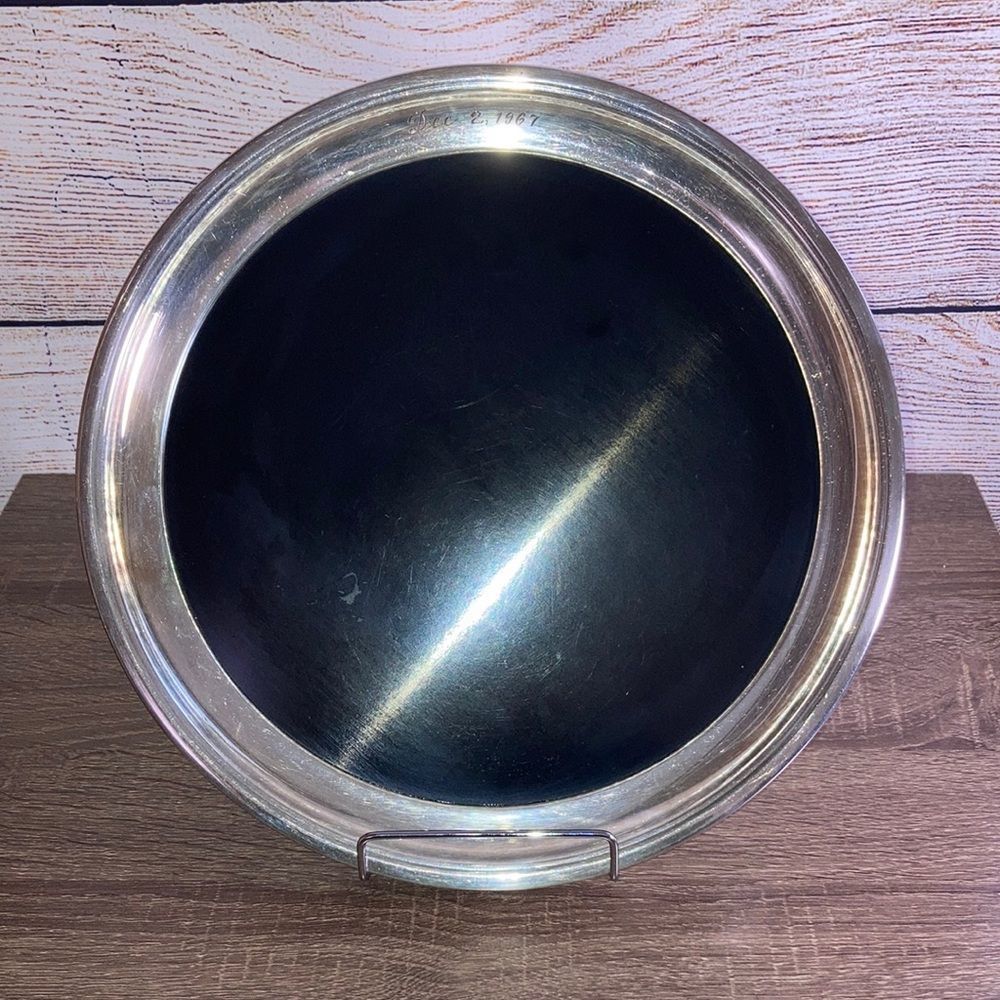 Vintage Formica Serving Platter Crescent Silver Rim Black Center 12”